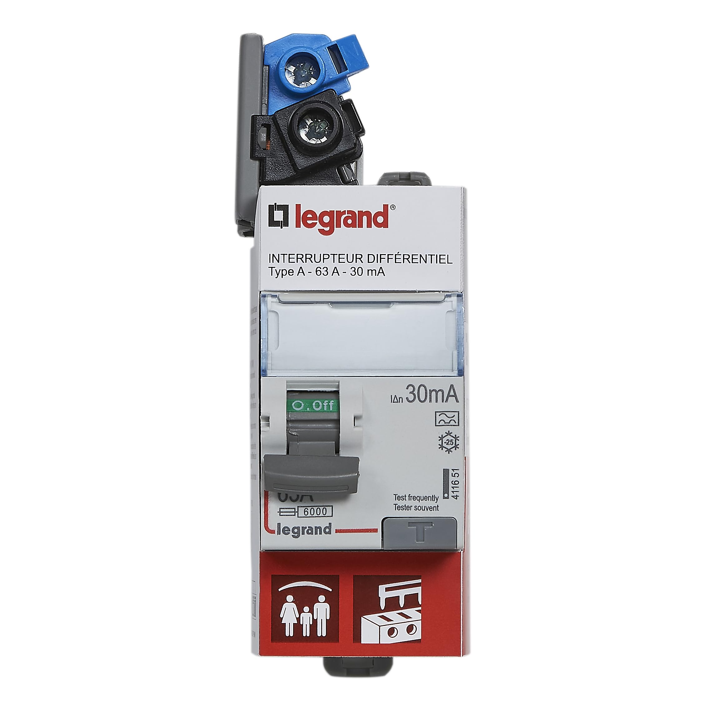 Interrupteur différentiel bipolaire 230V~ Type A 63A sensibilité 30mA arrivée haute et sortie haute par bornes à vis - 2 modules accepte le passage du peigne d'alimentation