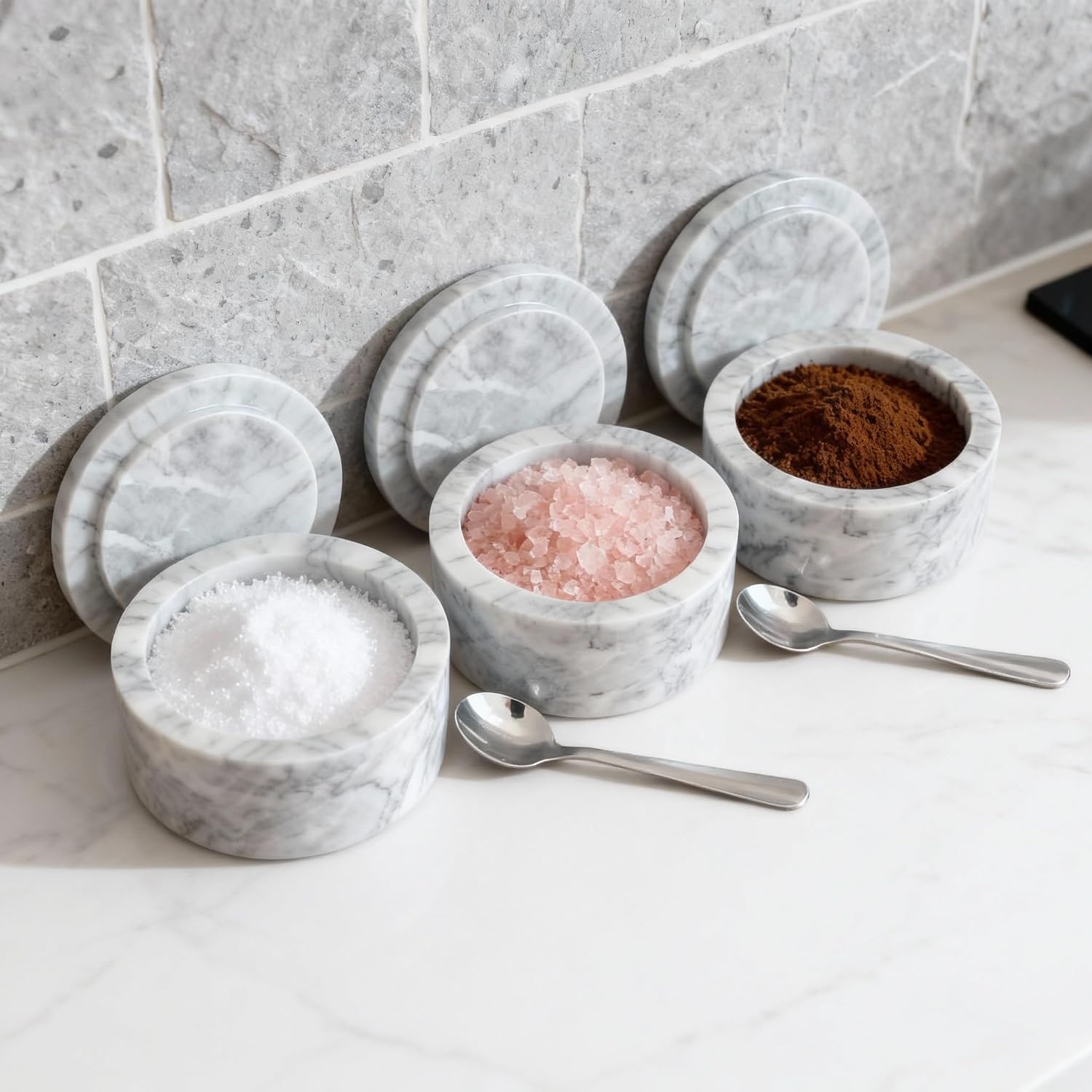 Marble Salt Cellar with Lid & Spoon, Spice Storage for Kitchen | Natural marble material, Dustproof lid,Portable spoon for easy scooping,Multi-scene kitchen storage decor