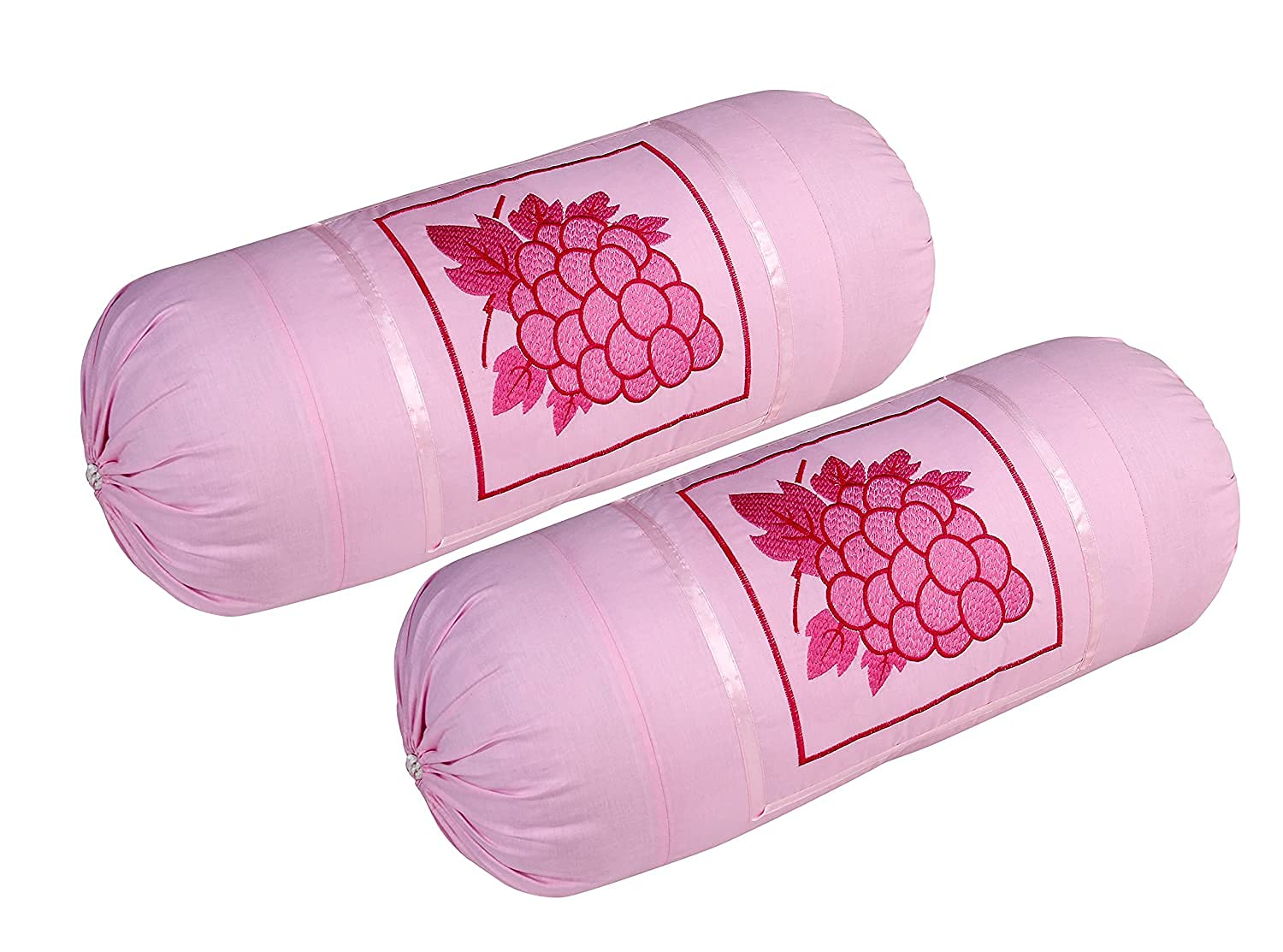 200TC Pure Cotton Bolster Cover with Beautiful Grapes Embroidery Set of 2 Piece (16 x 32 Inches) (Maroon) (Pink)-image-11