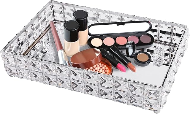 PowerKing Perfume Tray, Rectangle Table Vanity Tray Mirror Cosmetic Tray Organiser for Living Room and Bathroom Table Accessories Organiser, Silver