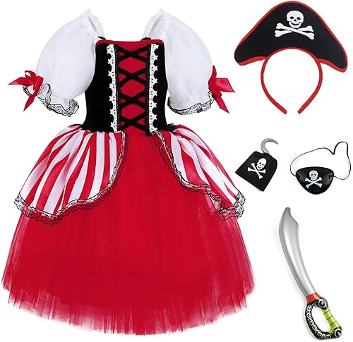 TYHTYM Disfraz de pirata para niñas pequeñas, disfraz de Halloween para niños, lindo cosplay con sombrero, parche en los ojos