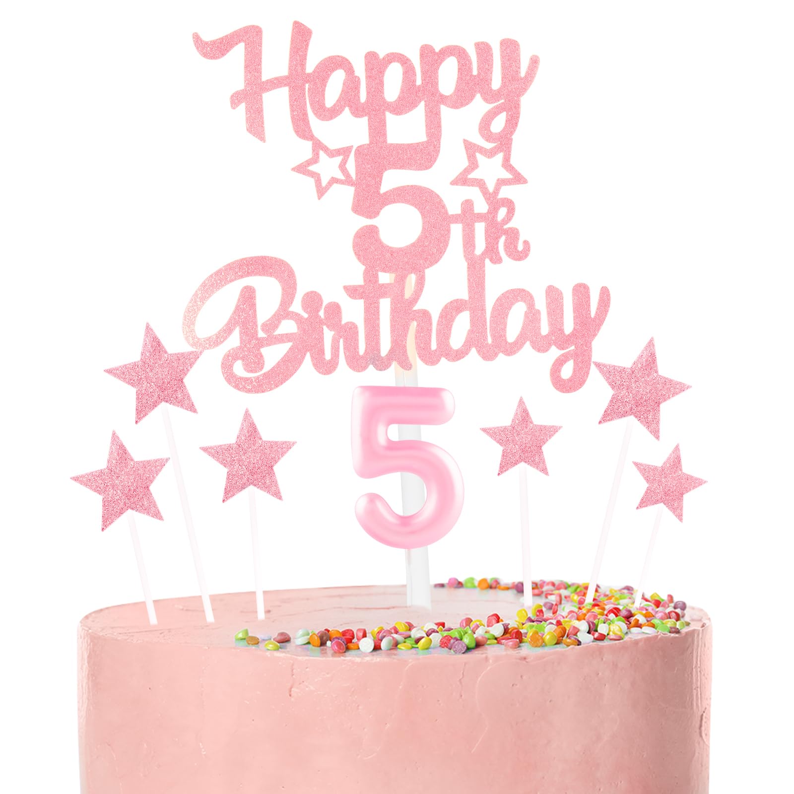 Pink Happy 5th Birthday Candles Cake Topper Set,Glitter Number 5 Birthday Candles with Pink 5th Birthday Cake Toppers Star Cupcake Toppers for Girls Anniversary Decorations โ image 1