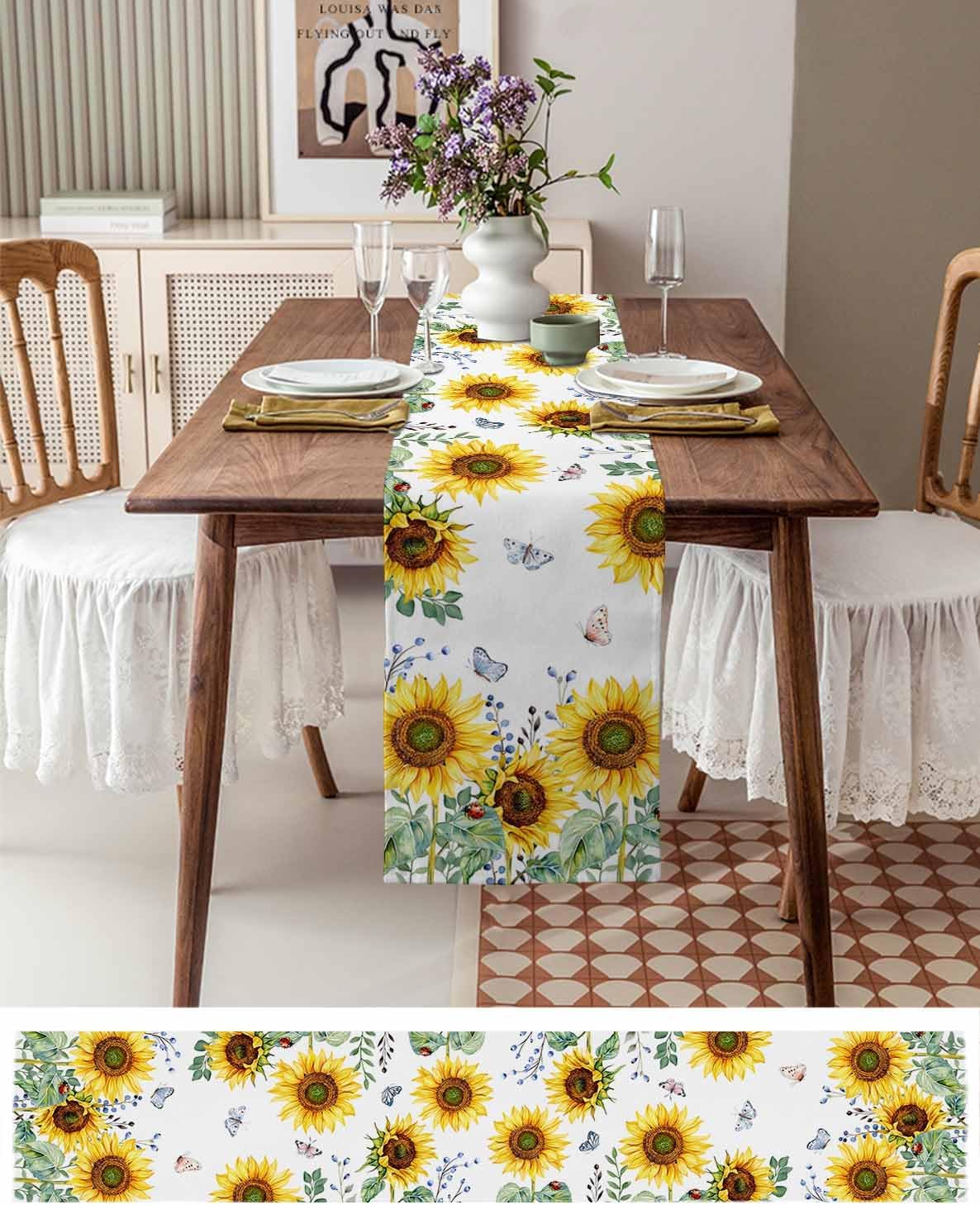 Sunflower Table Runner 16x72 inch, Farmhouse Sunflower Butterfly Plant Dinning Table Runner for Farmhouse Wedding Party Barbecue Table Decor