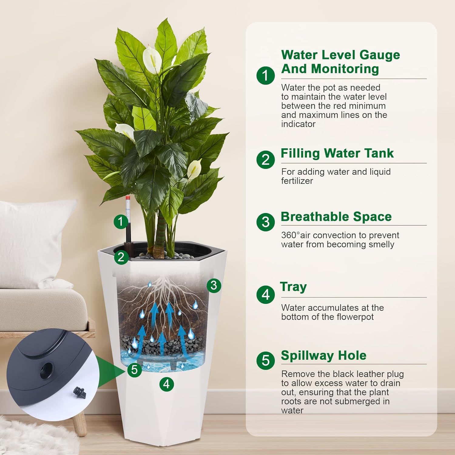 22.5 Inch Diamond Planters Set of 2, Self-Watering, White