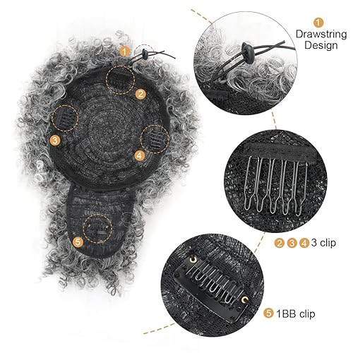 Miniatura 3 de Cola de caballo gris afro con cordón y piezas de cabello rizado, clip en flequillo, extensiones de cabello corto con cordón para mujeres negras