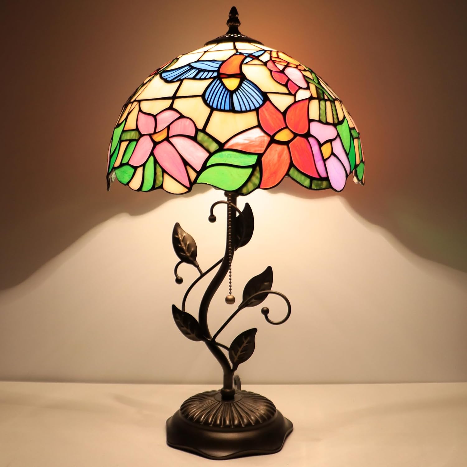 Tiffany Lamp Hummingbird Style Stained Glass Table Lamp Desk Bedside Reading Light 12X12X19 Inches with Metal Leaf Base