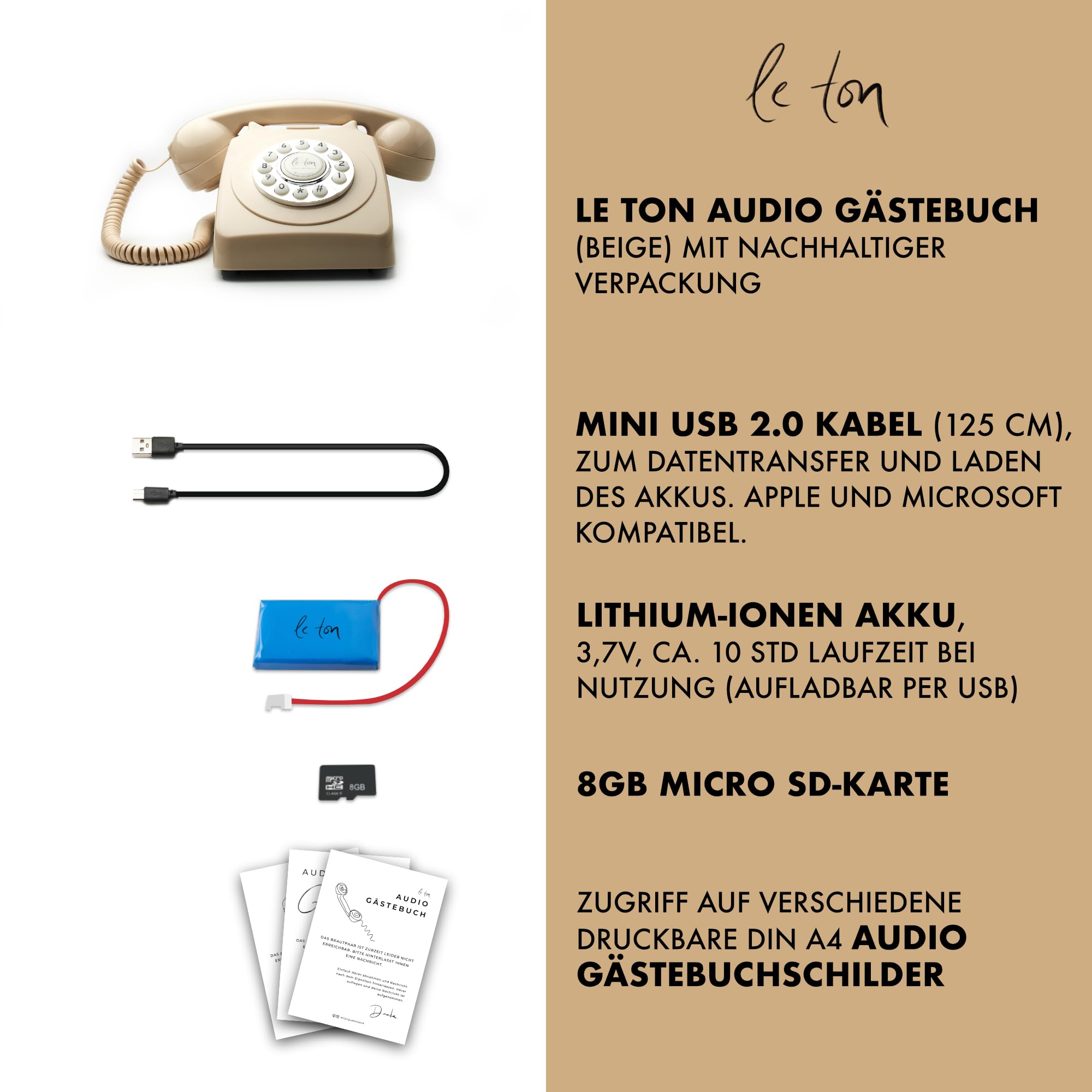 LE TON Livre d'or audio, beige, téléphone pour mariage et événements, téléphone invité, téléphone de mariage