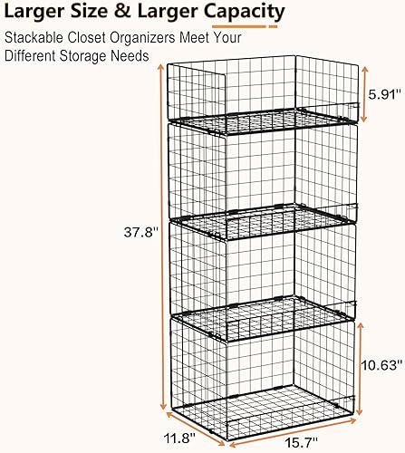 Miniatura 8 de Organizadores de armario apilables de 4 niveles y estantes de almacenamiento, sistema organizador de estantes plegables para armario, cajones de