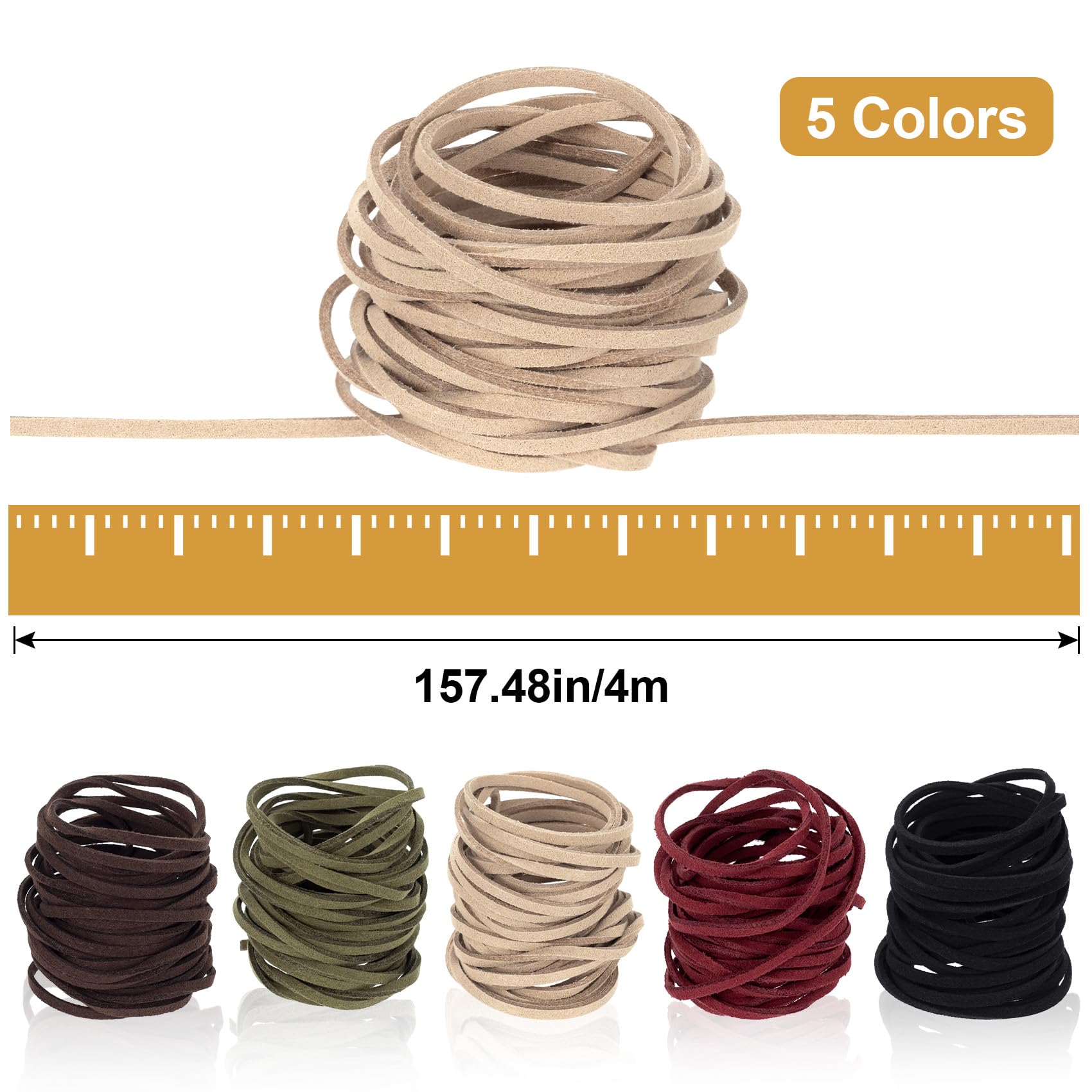 HINZIC 5 Rolls 3mm Flat Genuine Leather Cord Natural Leather Lacing Strip Cord Braiding String for Jewelry Making Braided Bracelets Necklaces Handbags Knife Sheaths, 5 Colors?22 Yards