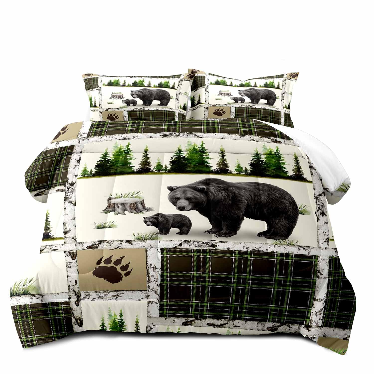 LUVIVIHOME 3PCS Rustic Cabin Bedding, Black Bear Comforter Set Queen Size, Country Lodge Farmhouse Forest Animal Wildlife Hunting Log Cabin Bedroom Decor, Green Plaid Patchwork Quilt, 2 Pillow Shams