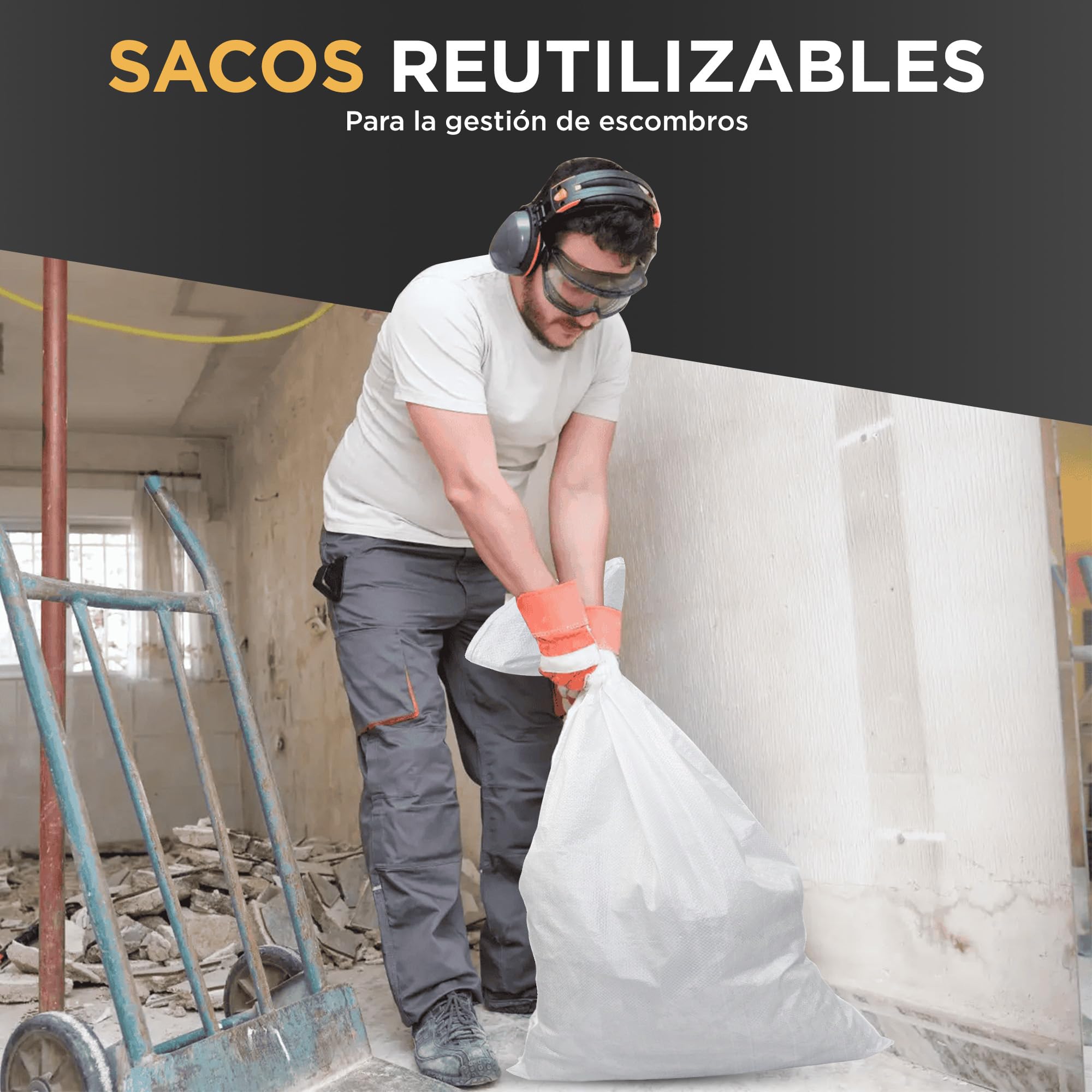 Pack 10 Sacos para Escombros | 55 x 95cm - Muy Resistentes (55kg) & Reutilizables | Saco de Escombros perfectos para Arena, Tierra, Jardin, Construcción y Hojas