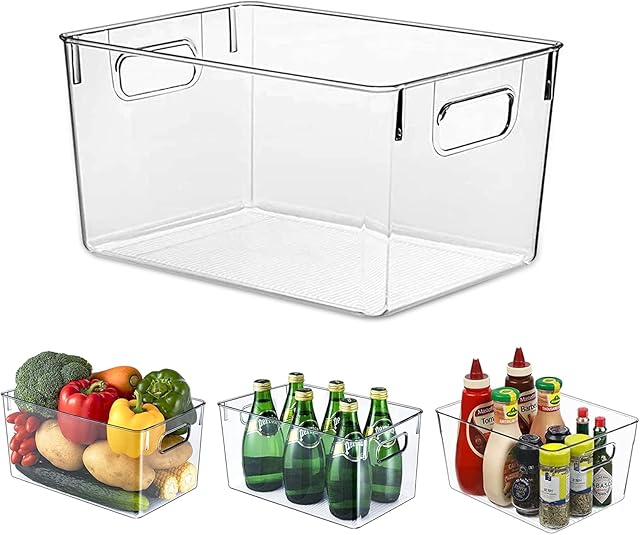 Stackable Storage Box with Handles, Clear Pantry Organizer Bins, Food Storage Basket for Kitchen, Countertops, Cabinets, Refrigerator, Freezer, Bedrooms, Bathrooms, 24x13x11.5CM