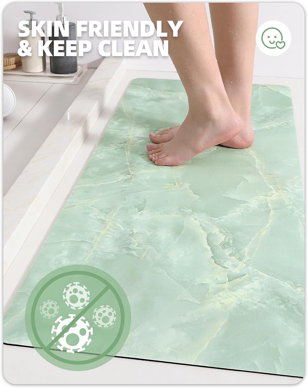 Color&Geometry Bathroom Runner Rug Quick Dry- 17"x43" Absorbent Non Slip Light Green Bathroom Rug- Thin Non Shedding Easy Clean Long Bath Mat, Marble Bath Runner for Shower Bathtub Sink Vanity