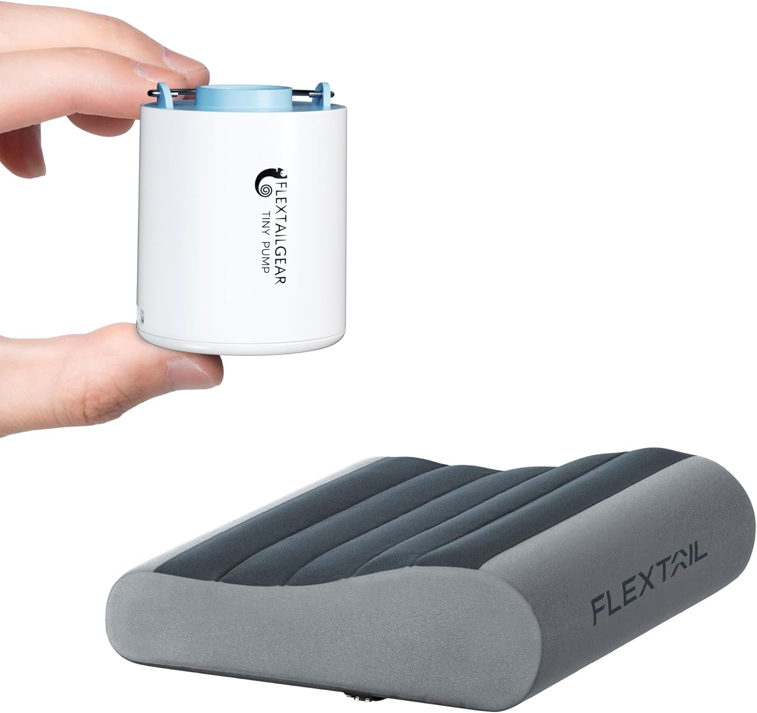 Flextailgear Tiny Air Pump Blue Bundle with Neck Contour Inflatable Camping Pillow Grey