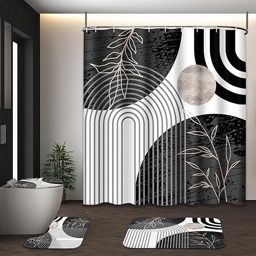 Black and Grey Boho Mid Century Shower Curtain Set with