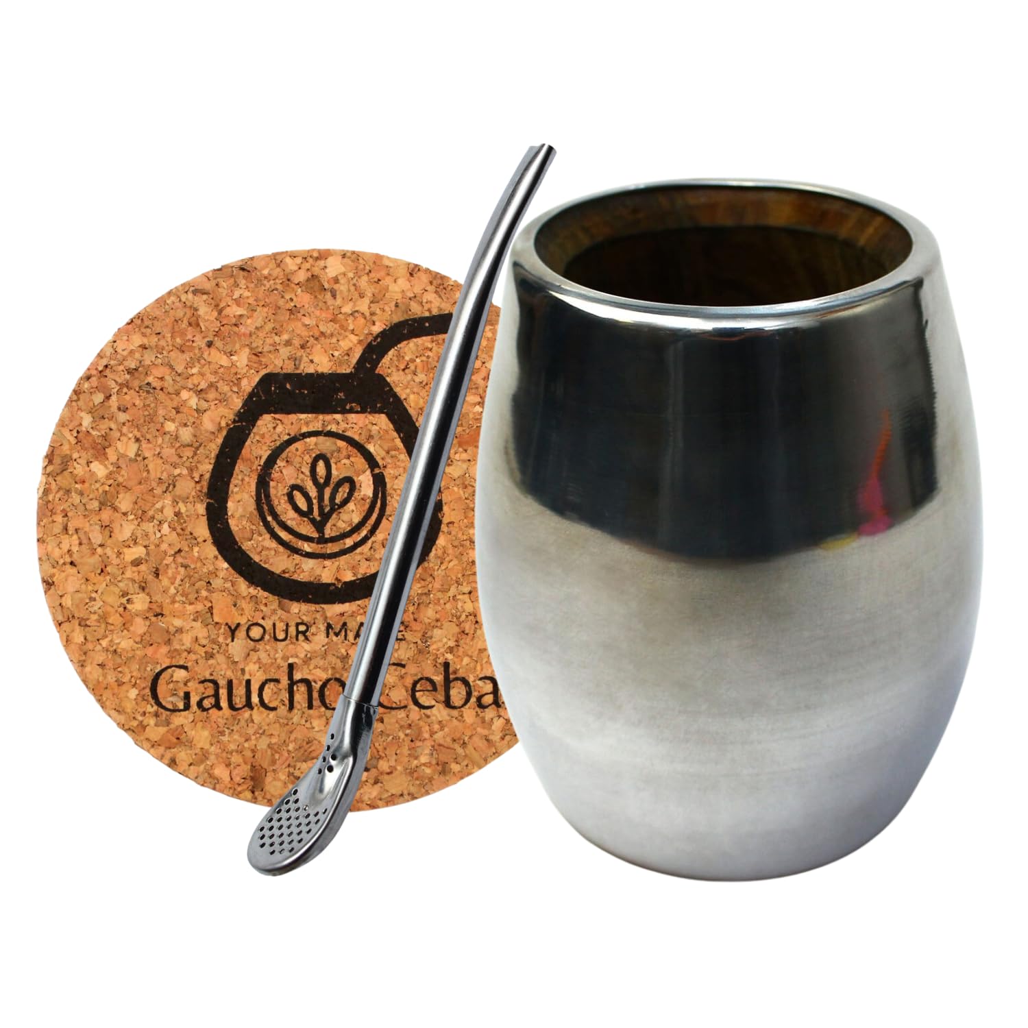 Mate-Tee Accessories Set | Realizzato a mano tazza da tè Palo Santo completamente rivestito in metallo | cannuccia in acciaio inossidabile Bombilla per tè Mate 15,5 cm | pad in sughero | Set per yerba