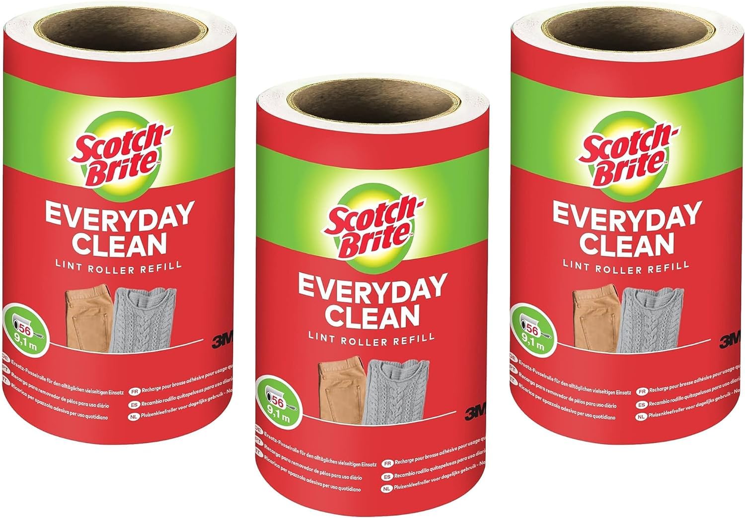 Scotch-Brite Rodillo Quitapelusas de uso Diario Everyday Clean Recambio - 3 Rodillos, 56 Hojas por Rodillo (168 Hojas en Total)