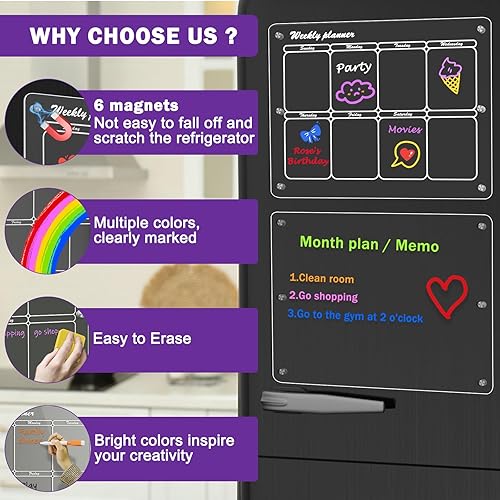 Miniatura 4 de Calendario magnético de borrado en seco para refrigerador, juego de 2 calendarios semanales magnéticos acrílicos transparentes para refrigerador,