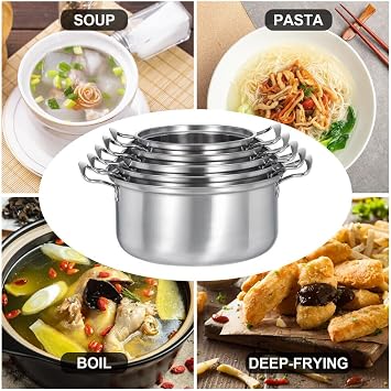 Saucepan Set 10 Pieces, Stainless Steel Pot and Pan Set, Saucepan with Glass Lids Cookware, Cookware Set Compatible with Induction, Gas and Electric Hobs