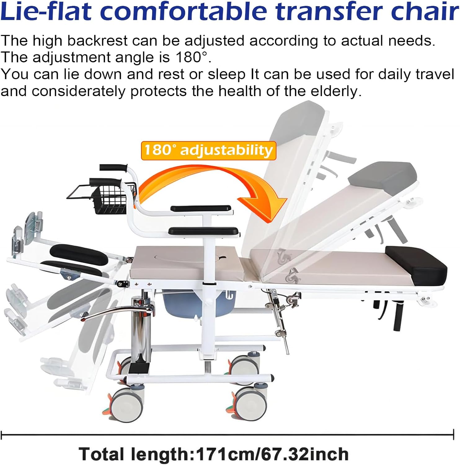 Generic Household Flat Patient Transfer Chair, Paralyzed Patient Lift, 180° Lying Flat Lift Transfer Chair, Waterproof Soft Seat Mute Universal Wheel,Suitable for Patients with General Paralysis