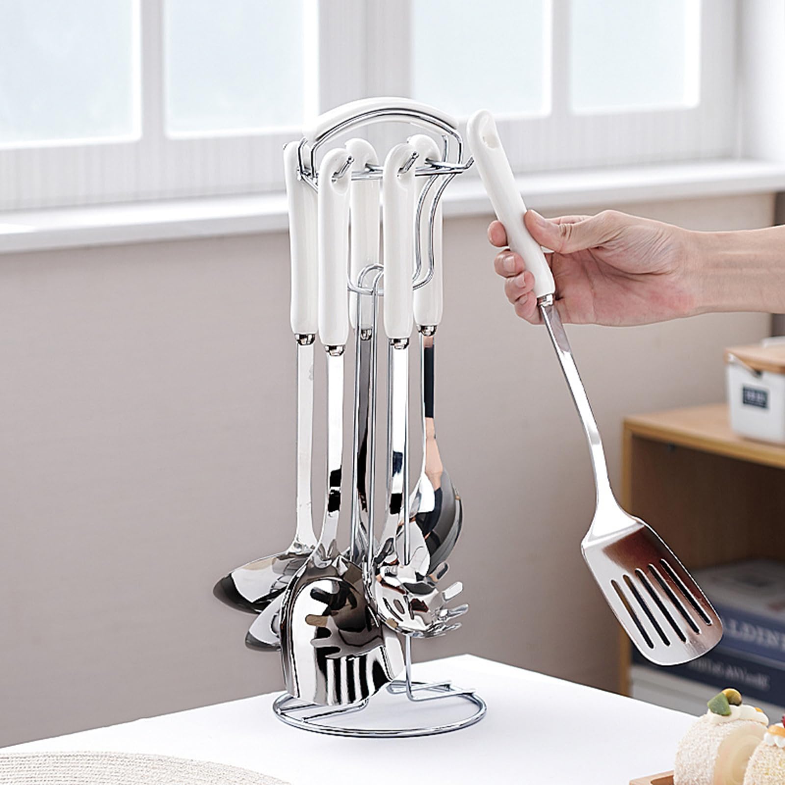 Juego De 7 Utensilios De Cocina De Metal, Juego De Utensilios De Cocina De Acero Inoxidable 304 Pulido Espejo con Soporte, Mango De Cerámica Resistente Al Calor, Apto para Lavavaji