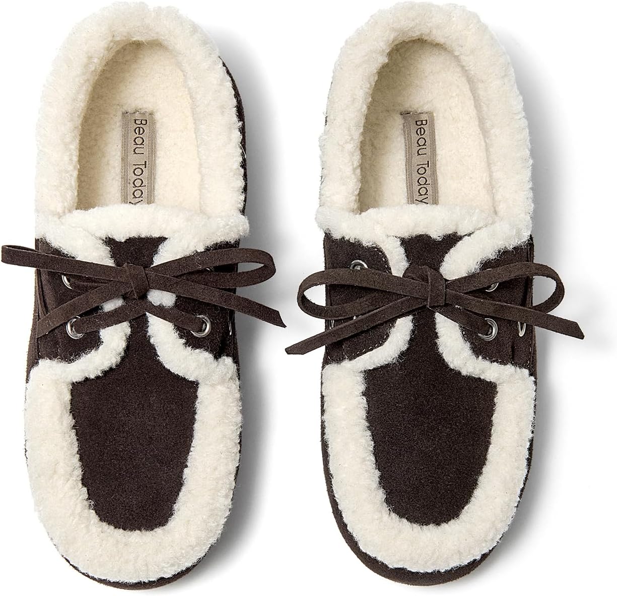 BEAU TODAY Fur Suede Loafers Flat for Women Winter Shoes for Women Lace up Comfortable Non Slip Moccasin Slippers