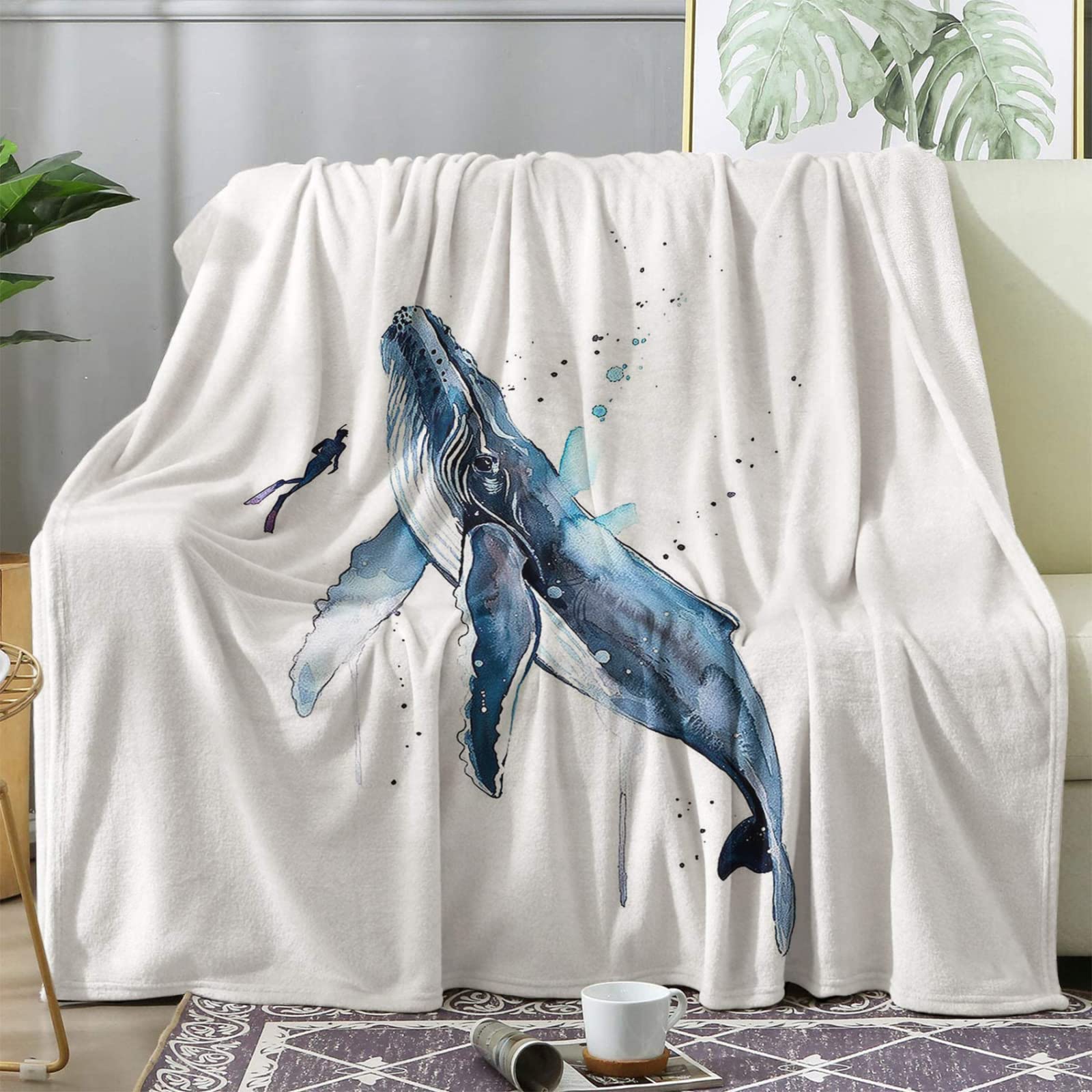 Coperta in pile di flanella, con stampa di balene marine, coperta