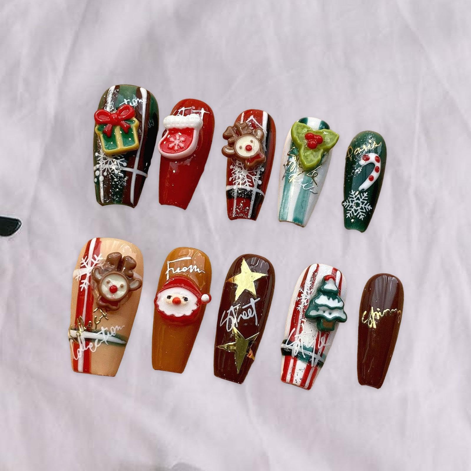 5x Uñas Postizas Navideñas para Invierno, Uñas Postizas para Pegar, Decoración de Uñas, Uñas Falsas