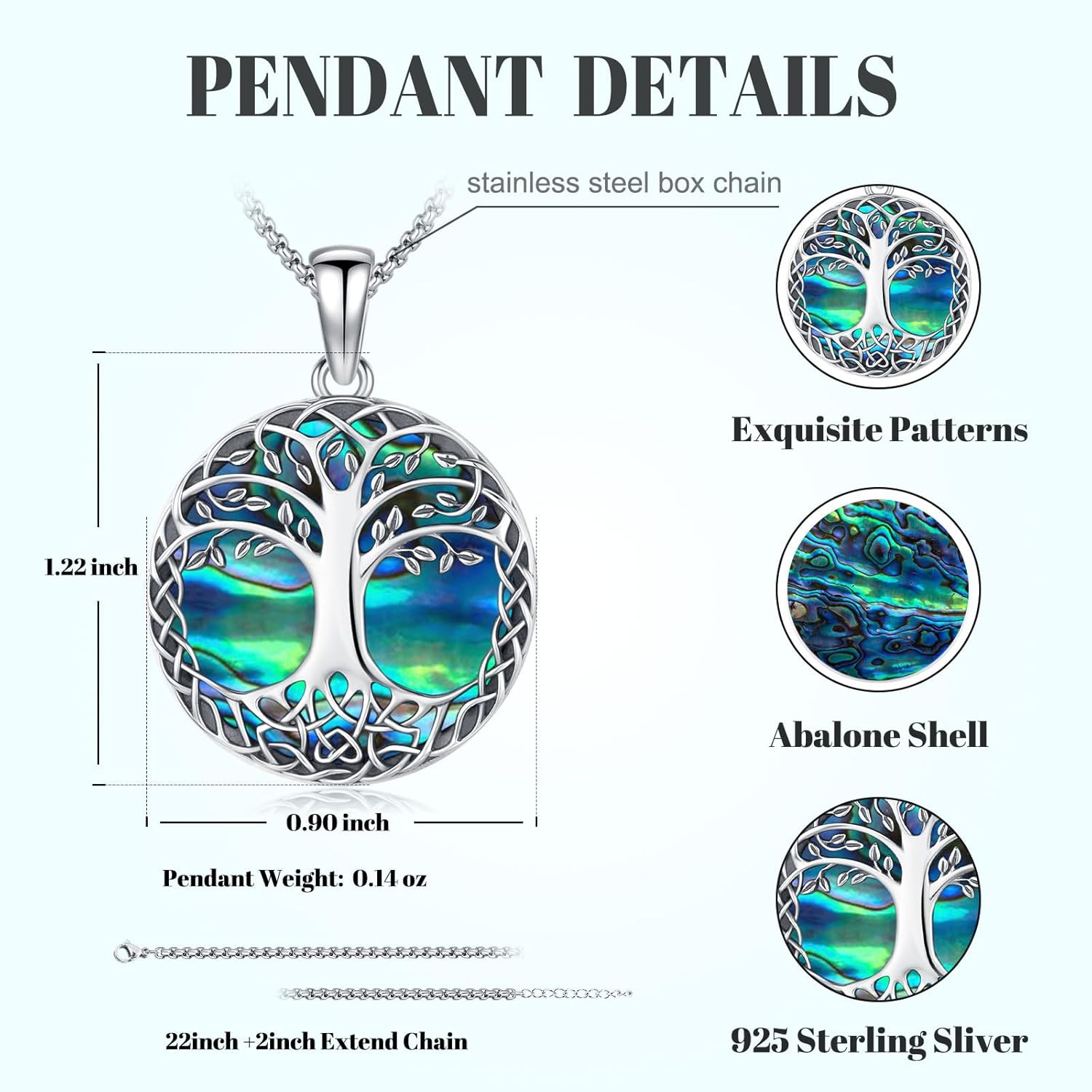 Tree of Life Necklace Tree of Life Pendant 925 Sterling Silver Abalone Shell Opal Malachite Turquoise Moonstone Crystal Necklace Celtic Knot Family Tree Jewelry for Men Women Fathers Day - Image 2