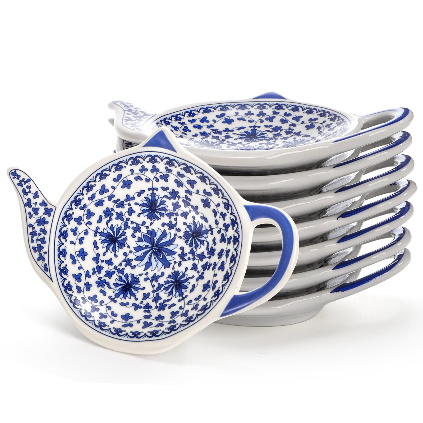 Elsjoy Set of 8 Teapot Shaped Teabag Holders for Used Tea Bag, Ceramic Tea Bag Coaster Porcelain Floral Tea Bag Dish Saucer, Vintage Teaspoon Rest for Tea Party