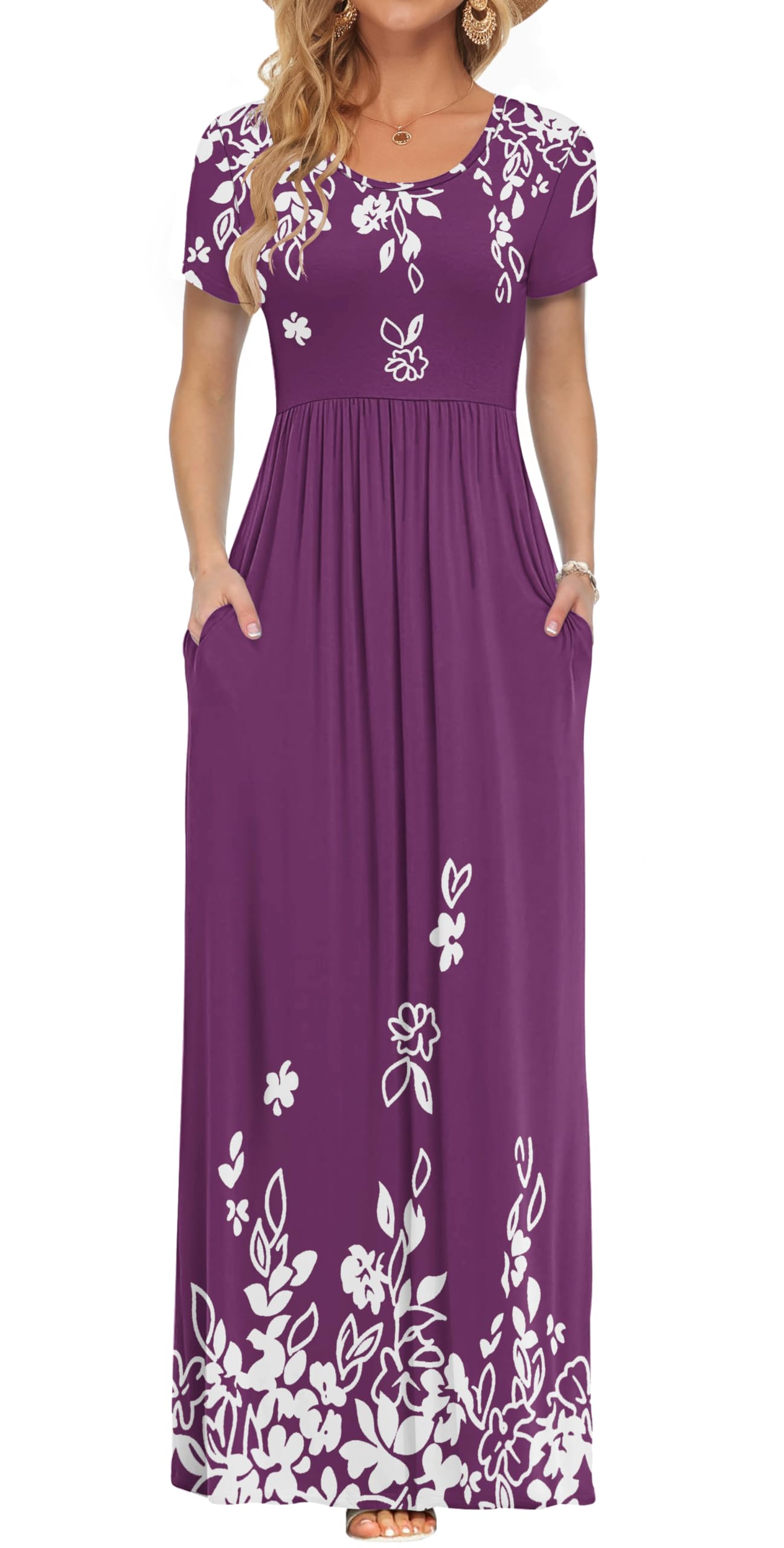 AUSELILY Women's Summer Short Sleeve Loose Plain Casual Long Maxi Dresses | Year Round wear solid floral print, Casual wear, Empire waist, Floor length, Side pockets