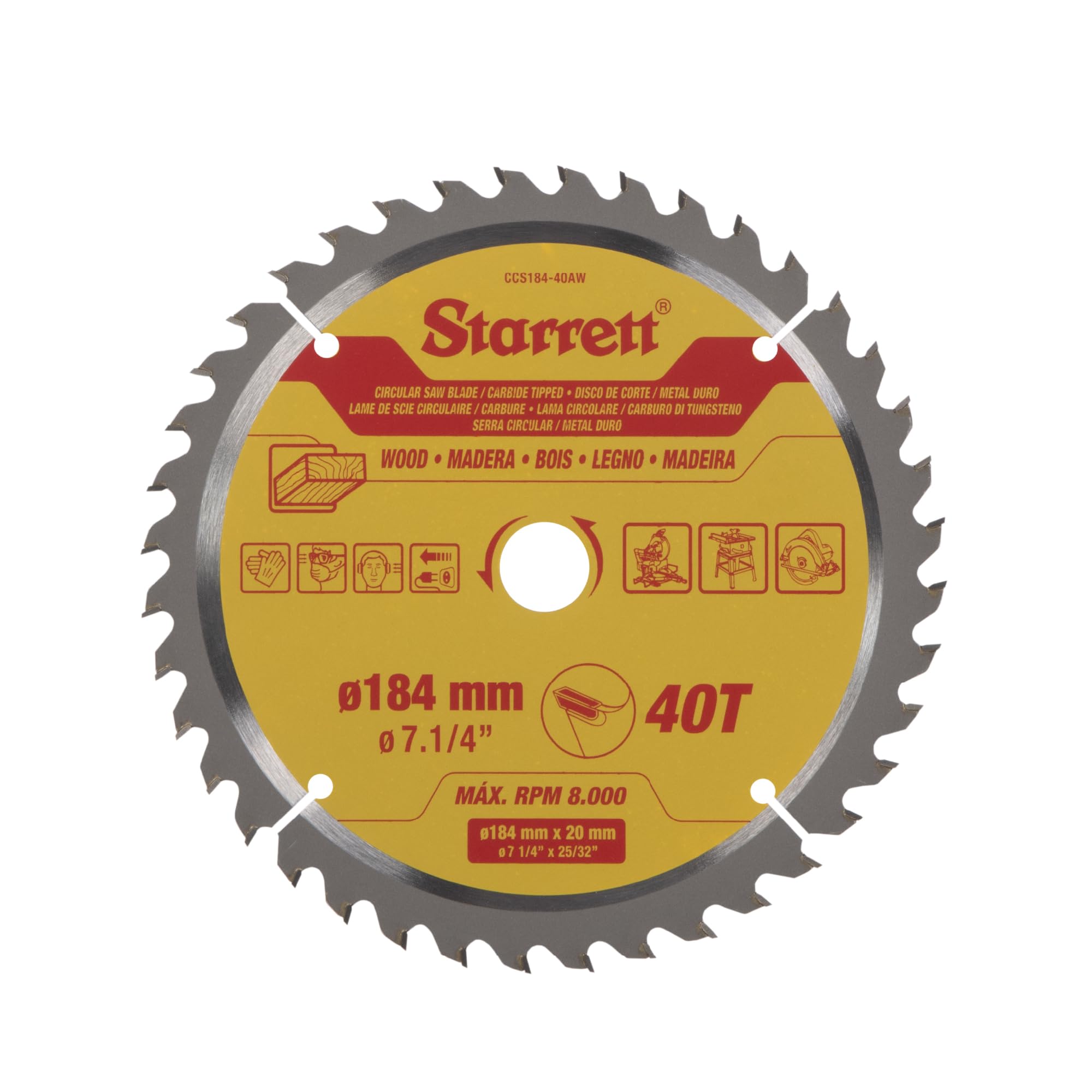 Starrett 184mm TCT Circular Saw Blade for Wood, 40-Tooth, 16/20mm Bore