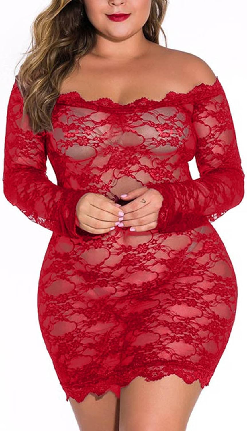 Stretch Chemise Plus Size Dress Perspective Lace Nightgown Women'S Long Sleeve