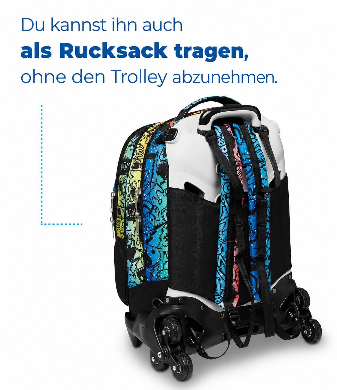 Seven Set Schulranzen mit Rollen, Schulrucksack Mädchen Junge 1. klasse, Rucksack mit Trolley Funktion, 2 in 1 Trolley + Mäppchen mit 3 Fächern