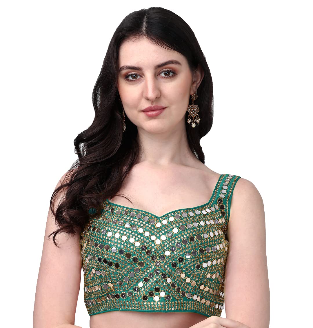 Pujia Mills Women's Multicolor Heavy Phantom Silk Thread Zari And Sequence Work And Real Mirror Hand Work Readymade Saree Blouse (Sleeves Attached Inside) (Rama)