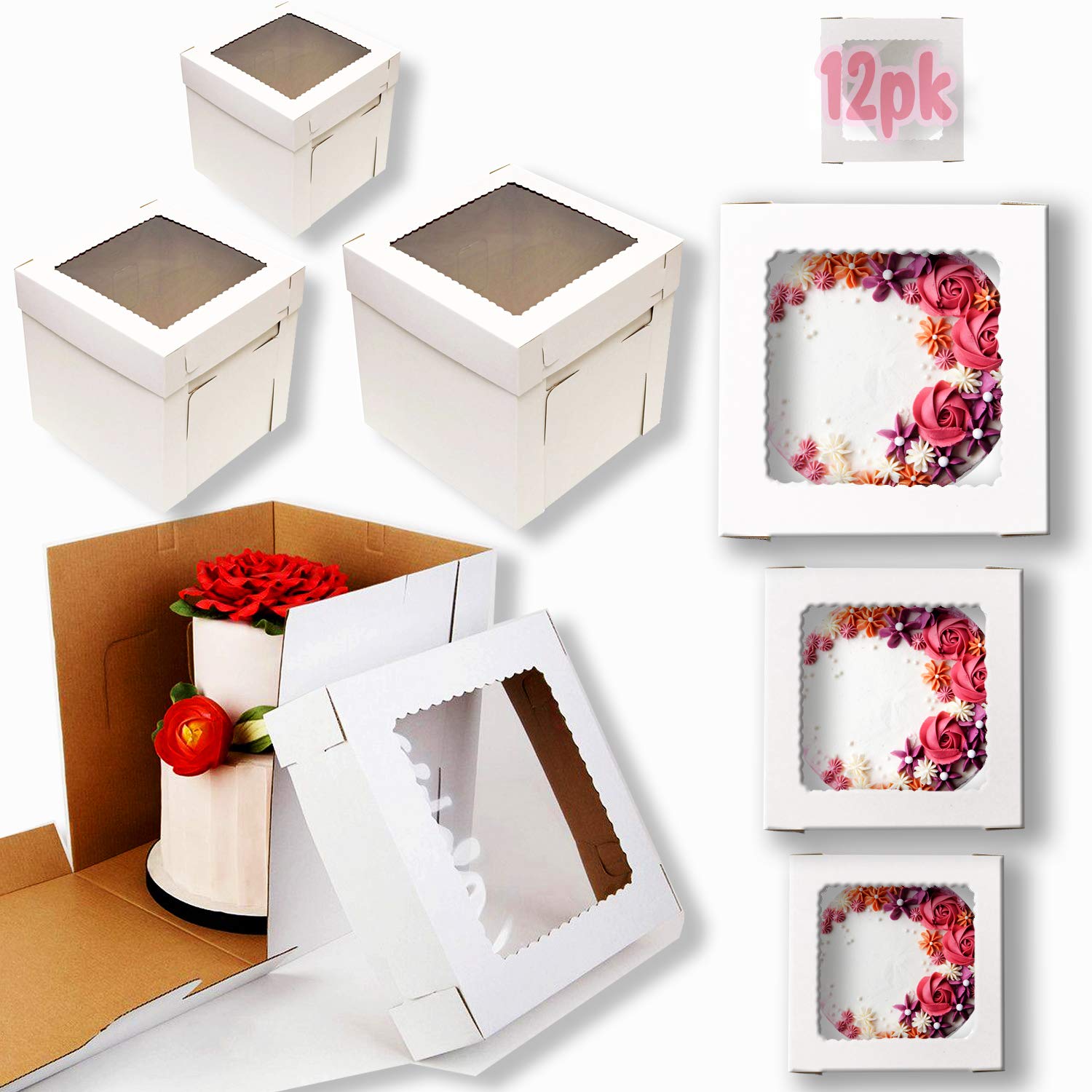 Buy Tall Cake Boxes with Window, 6 Sizes 12 pk Use as, 12x12 10x10 8x8