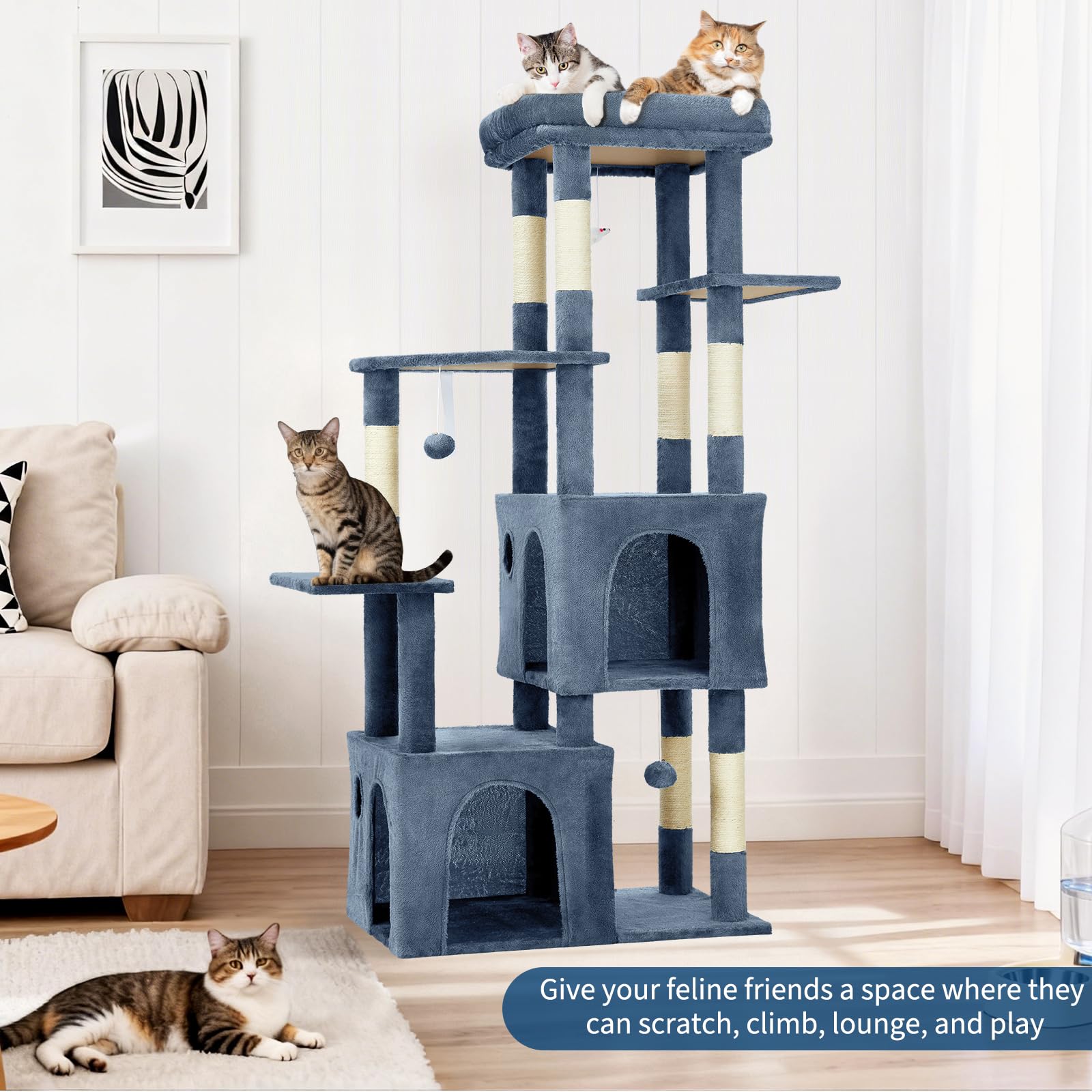 Garvee Árbol para gatos, torre para gatos de interior, muebles de casa de gatos de varios niveles de 156 cm con posadera, poste rascador de sisal, 2 espaciosos condominios y juguetes de juego, centro