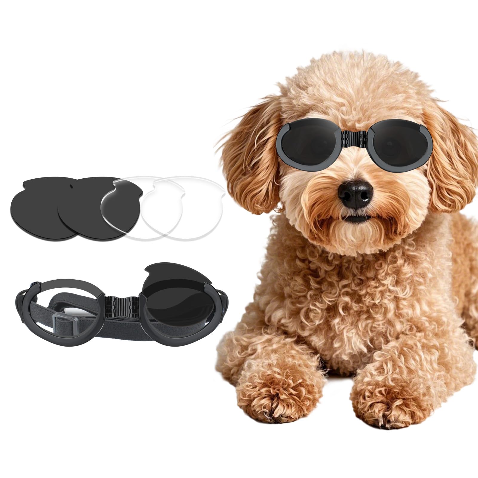 Namsan Occhiali per Cani Occhiali da Moto per Cani Occhiali da Sole per Cani con Lenti Sostituibili (Nero + Chiaro) Occhiali Protettivi per gli Occhi per Cani