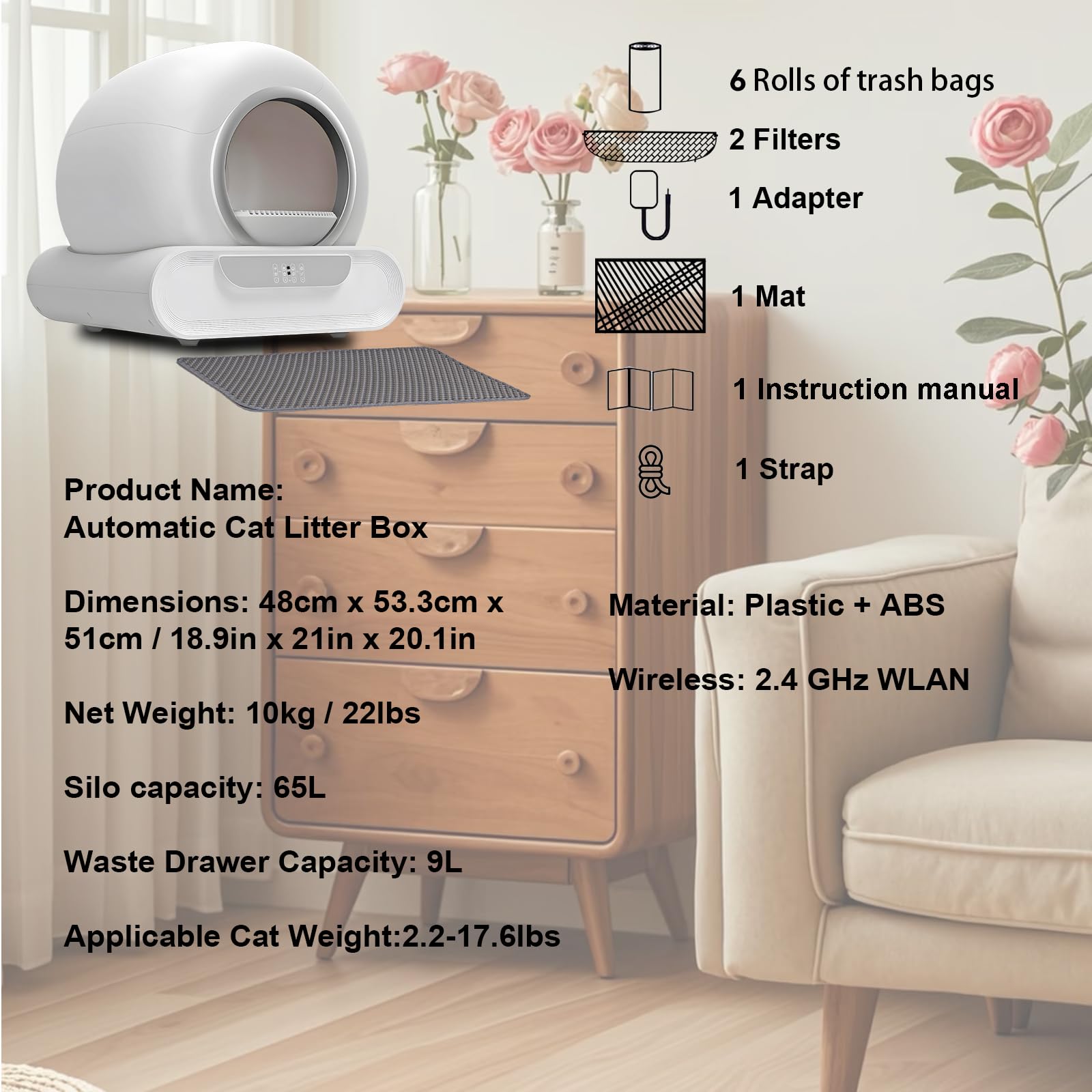 Lettiera Gatti Autopulente Wifi 74L Sensori di Sicurezza con App | 6 Sacchetti per Rifiuti 2 Filtri 1 Tappetino per Più Gatti