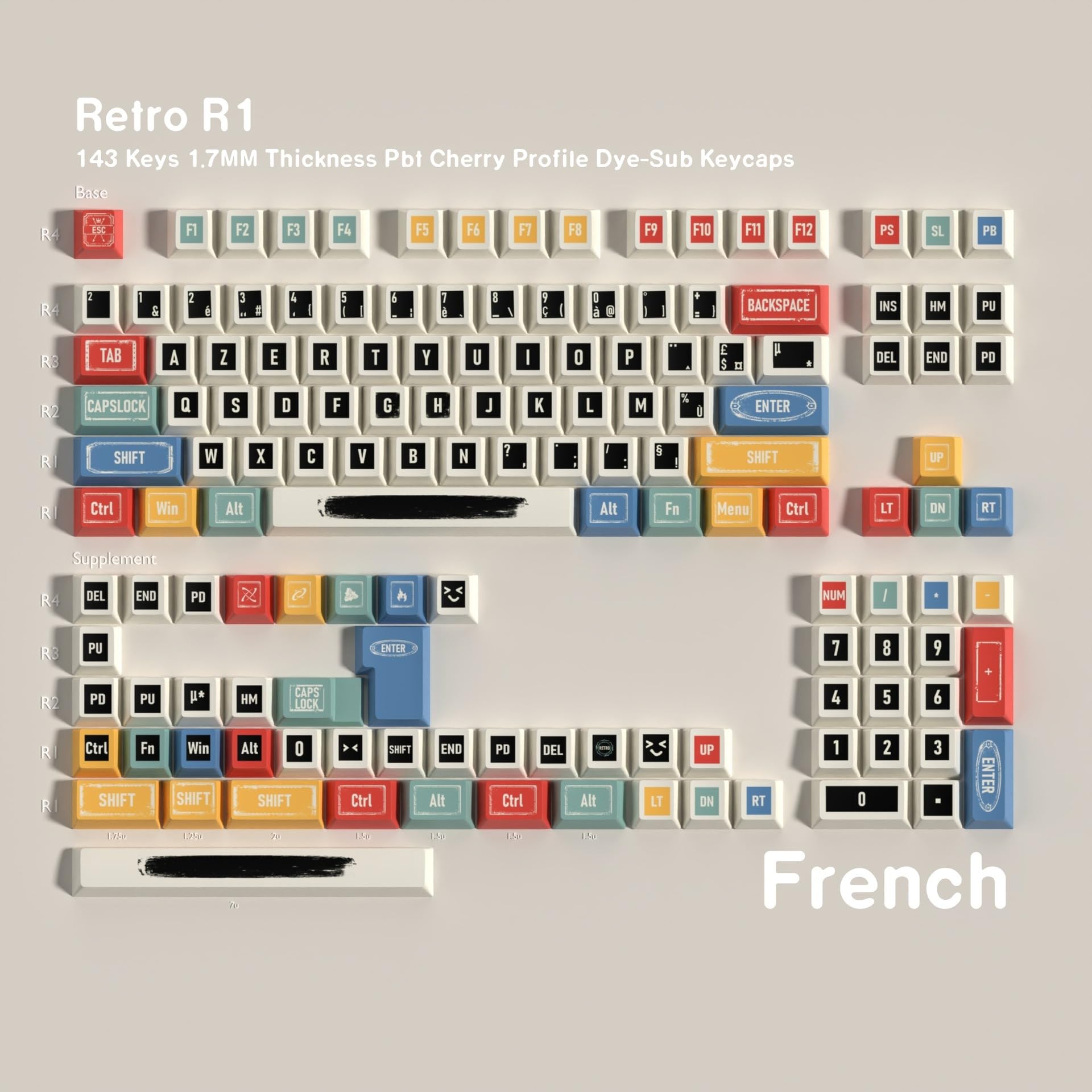 Keycaps Rétro PBT 143 Touches, Compatible AZERTY/QWERTZ, Profil Cherry, Layout ISO et ANSI, pour Clavier Mécanique/Magnétique 60%, 65%, 75%, 100%, FR/DE/en/ES (FR)