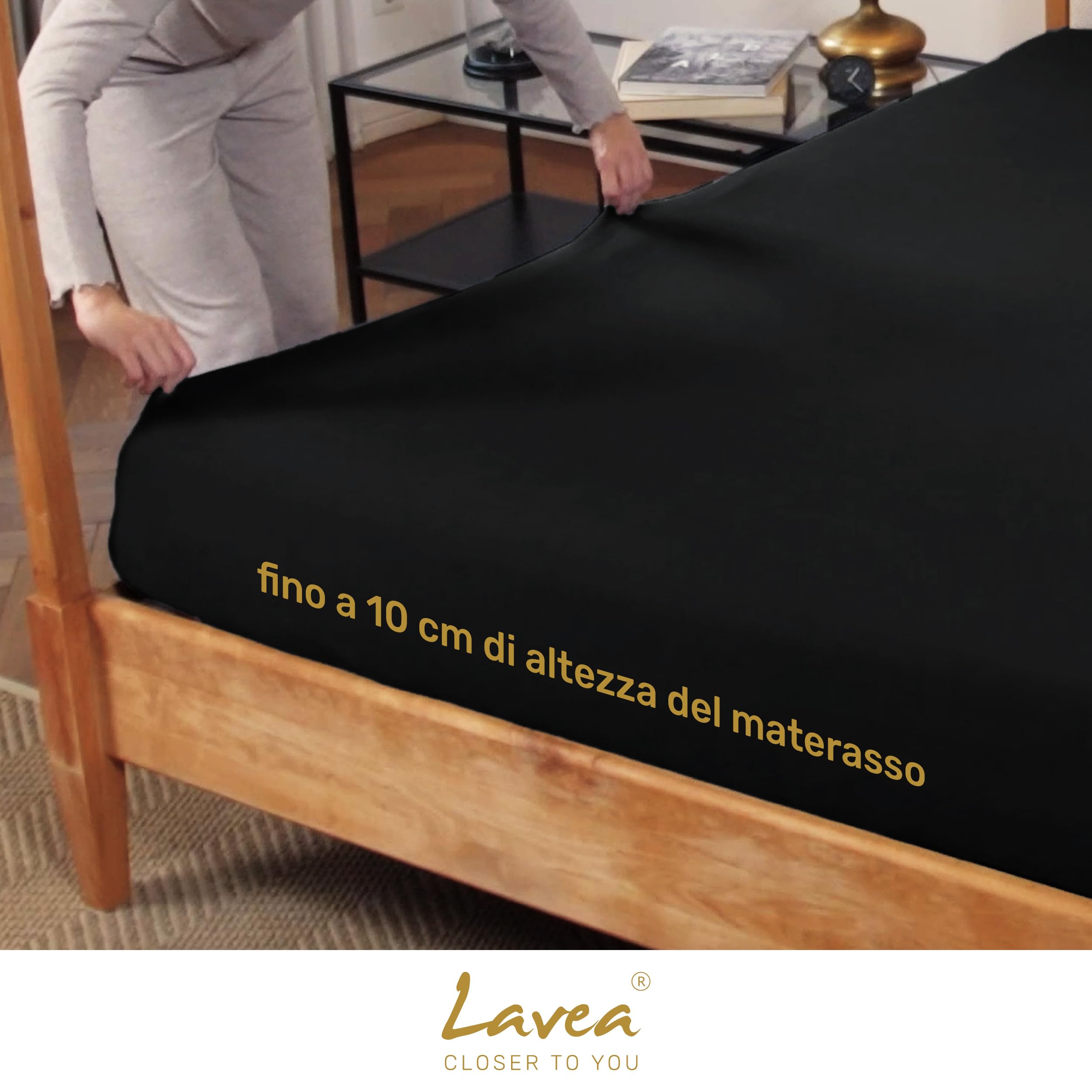 Lavea® Lenzuolo con Angoli Matrimoniale 180x200 cm – Jersey 100% Cotone – Per Materassi Topper fino a 10 cm – Con Elastico Tutto Intorno – Certificato OEKO-TEX – Nero