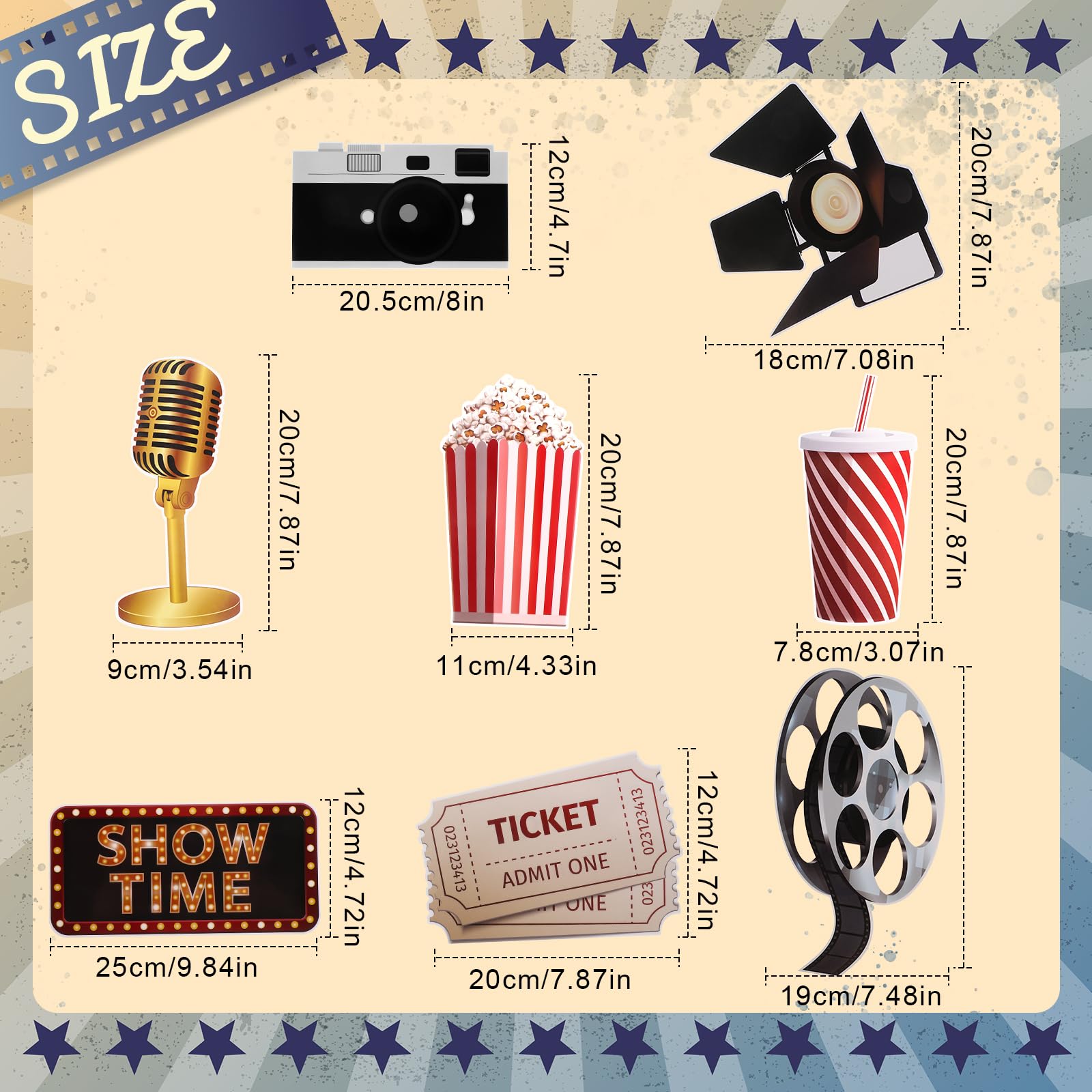 16 piezas de decoración de fiesta de película, luz LED de marquesina en forma de estrella, letrero de letra de película, tarjetas de fiesta de película, accesorios de película para decoración