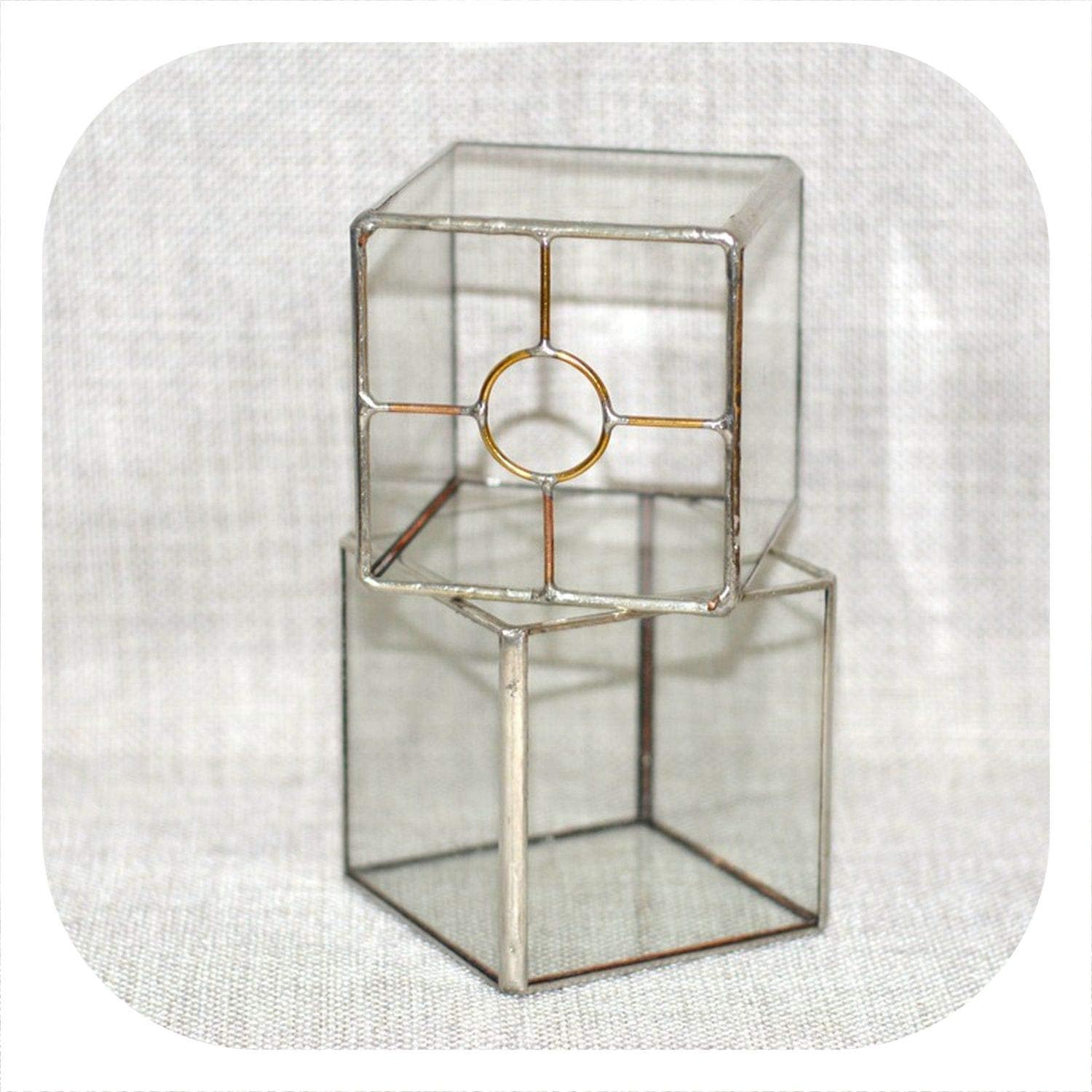Transparent Glass Double Layer Hydroponic Succulent Plant Vase Geometry Plant Flower Inserter Home Decoration Flower Pot,Round Hole Silver,L 10x10x25cm
