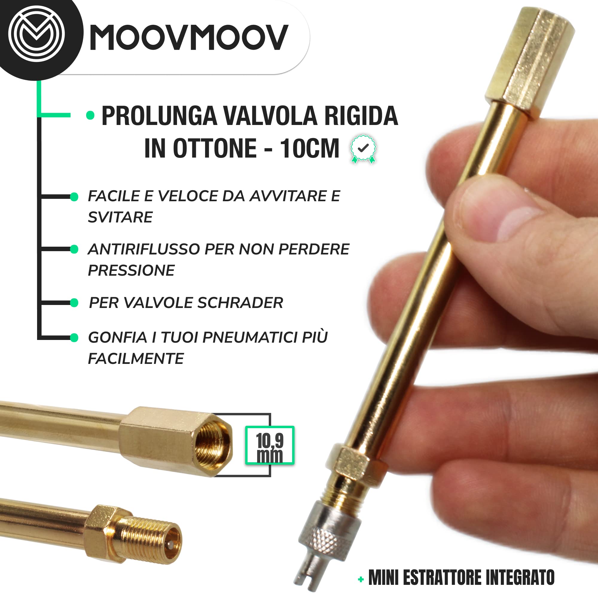 MOOVMOOV Prolunga Valvola Schrader 10 cm in Ottone - Compatibile con Pneumatici Auto Moto Scooter Monopattini Elettrici Carriole e Ruote Gemellate - Estensione Rigida per Gonfiaggio Facile