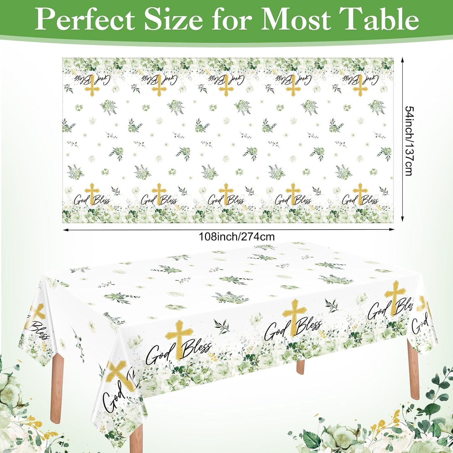 Ganeen 3 Pcs Green God Bless Baptism Tablecloth Disposable Plastic Table Covers First Holy Communion Waterproof Tablecloths for Christening Celebration Baby Shower Religious Decor, 54 x 108 Inch