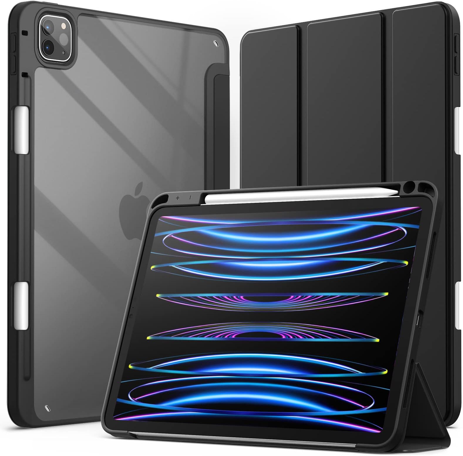 Housse Gerutek Anti-choc Pour IPad Air 13 Pouces (M3/M2 2024-2025) Et IPad Pro 12,9 - Étui Rotatif 360°, Sangle Ajustable Et Porte-stylo - Noir