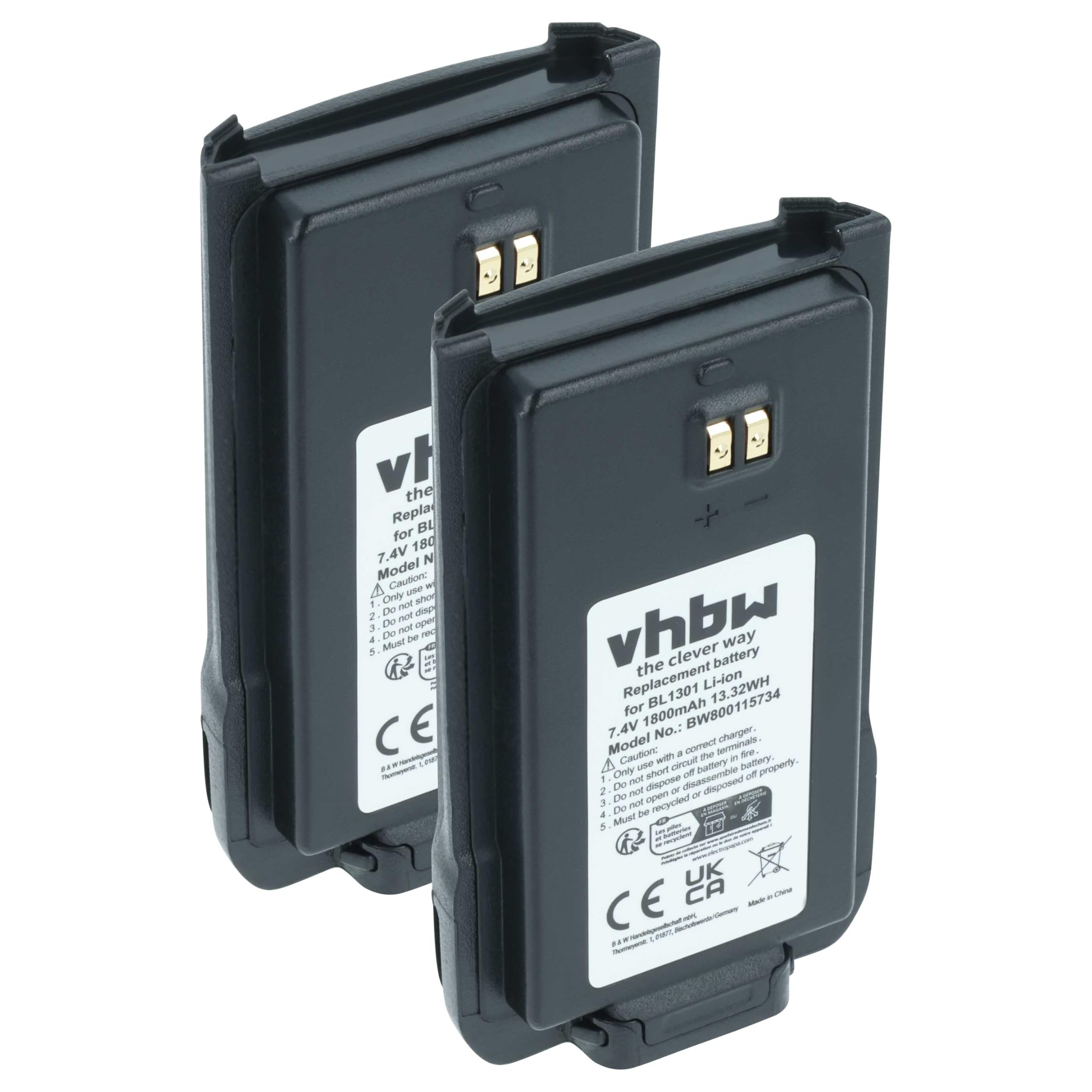 vhbw 2x zamiana baterii Hyt/Hytera BL2407, BL1301, BL1719 do radio (1800mAh, 7,4V, Li-Ion)