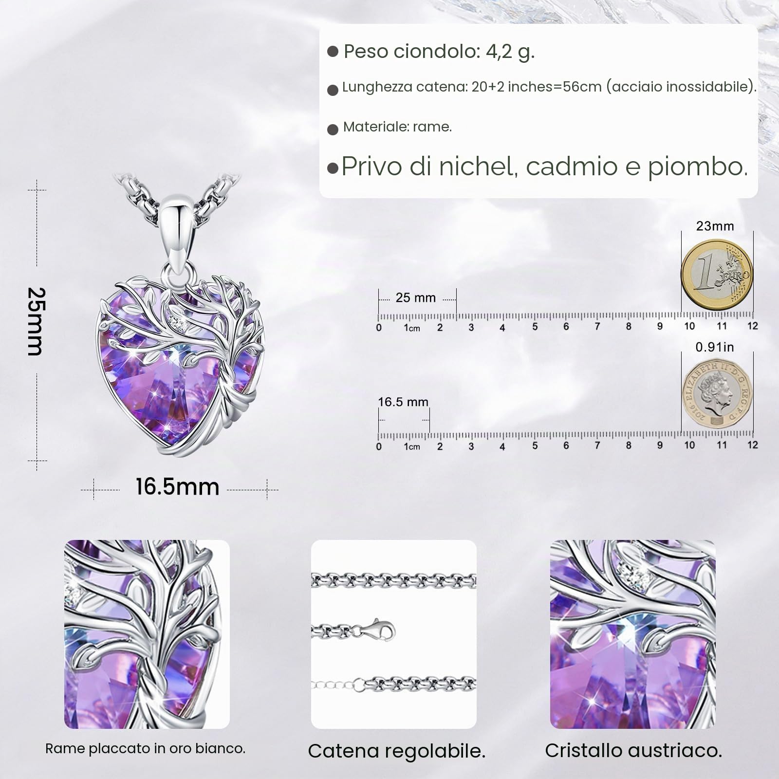 Eusense Collana Albero della Vita con Pietra di Luna, Ametista e Cristallo Blu Gioiello per Donna, Ciondolo Albero della Vita Regalo per Anniversario, Compleanno o San Valentino