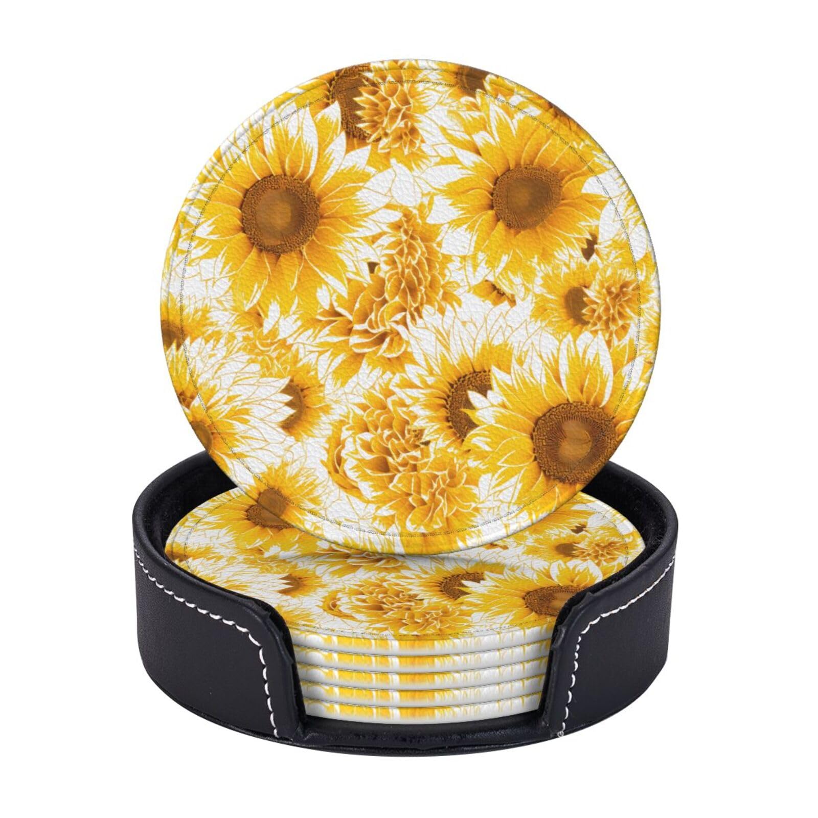 Coasters Set of 6 Microfiber PU leather Coasters with Holders for Drinks Coffee Bar Accessories, House Apartment Coffee Table Decor, Housewarming Gifts - Sunflowers Printed