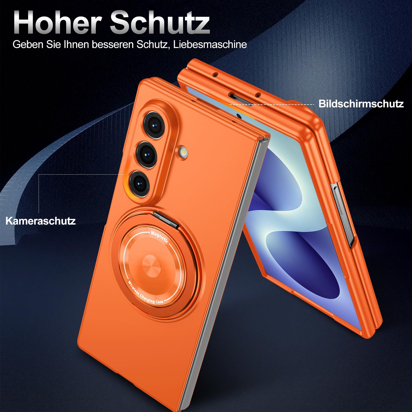 Custodia magnetica per Samsung Galaxy Z Fold 8 Ultra, con supporto ad anello in metallo a 360°, opaca, per esterni, antiurto, arancione